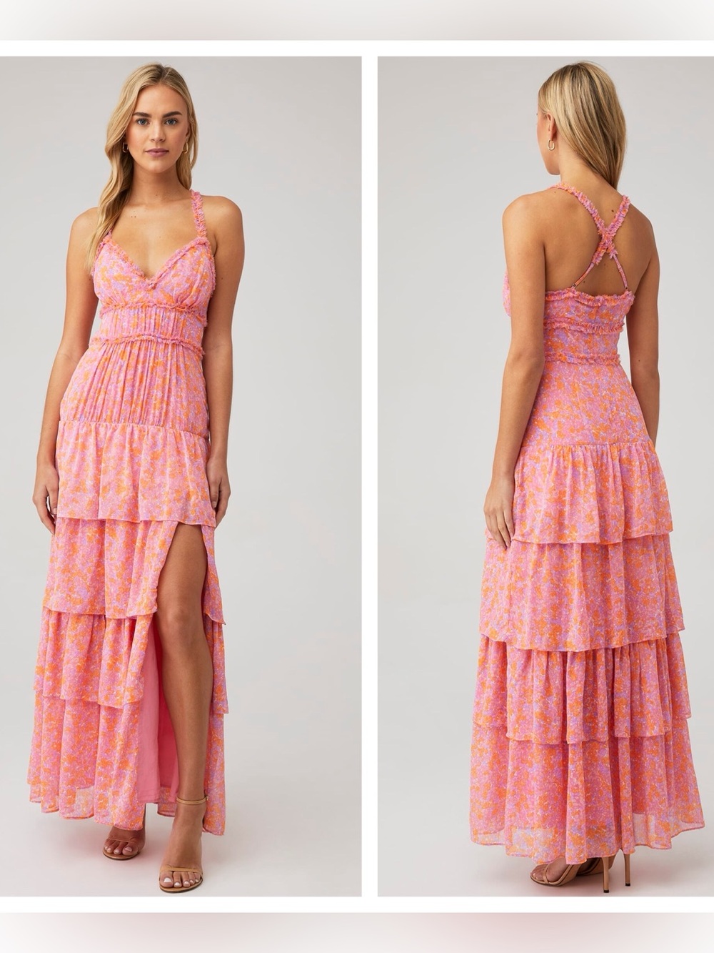 Likely Athena Pink Floral Tiered Maxi Dress with Crisscross Back. Size 10